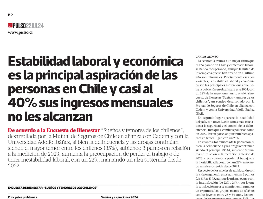 <p><strong>Estabilidad laboral y económica es la principal aspiración de las personas en Chile y casi el 40% de sus ingresos mensuales no les alcanzan </strong></p>
